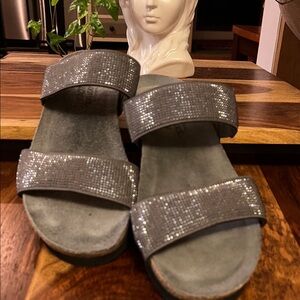 Naot Bianca Silver/Grey Metal Studs Women's Slide In Low Wedge Sandals -ladies 8